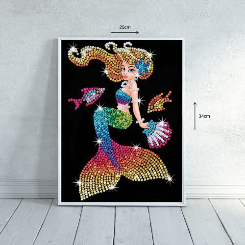 Sequin Art Red Range Mia Mermaid Sparkly Craft Kit showing completed mermaid design with colorful sequins on black background, 25cm wide by 34cm tall