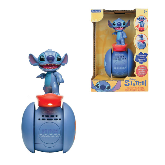 Stitch interactive toy with blue spherical base, red platform, and blue alien character on top; includes sounds and lights