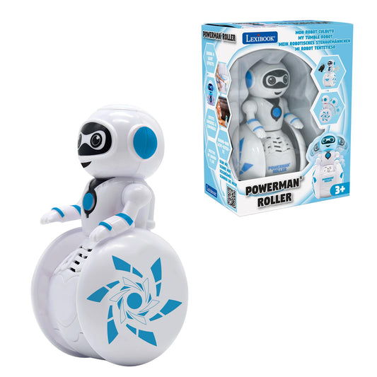 Powerman Roller white and blue robot toy on wheeled base with product box showing packaging and features