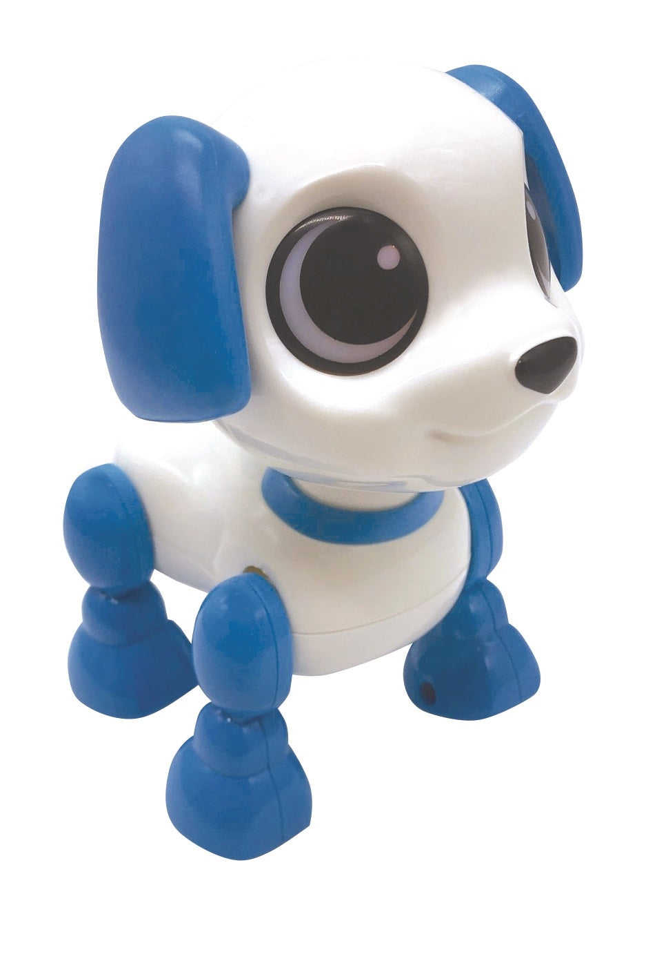 White and blue interactive robotic dog toy with large black eyes, blue ears, and blue paws, shown on plain background