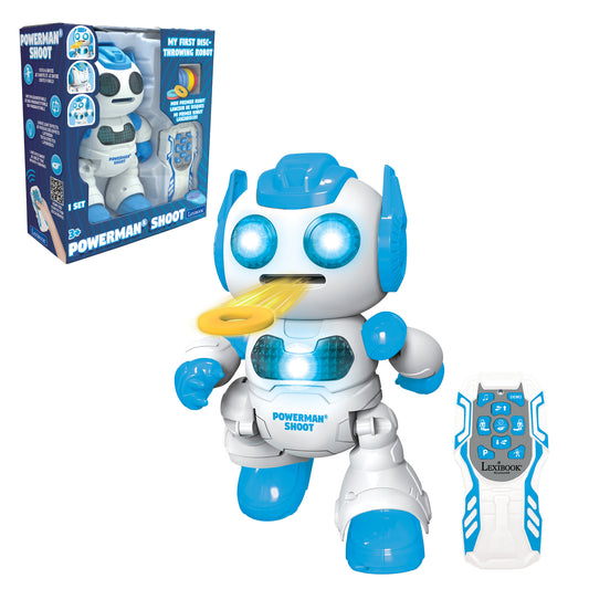 Lexibook Powerman Shoot blue and white robot with remote control and foam discs