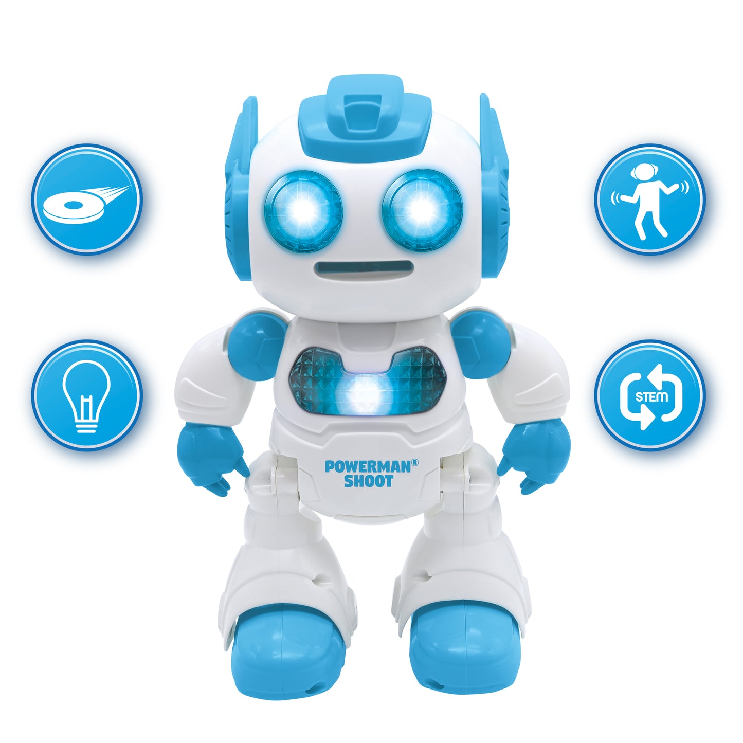 LEXIBOOK Powerman Shoot STEM robot with blue and white design, glowing eyes, remote control