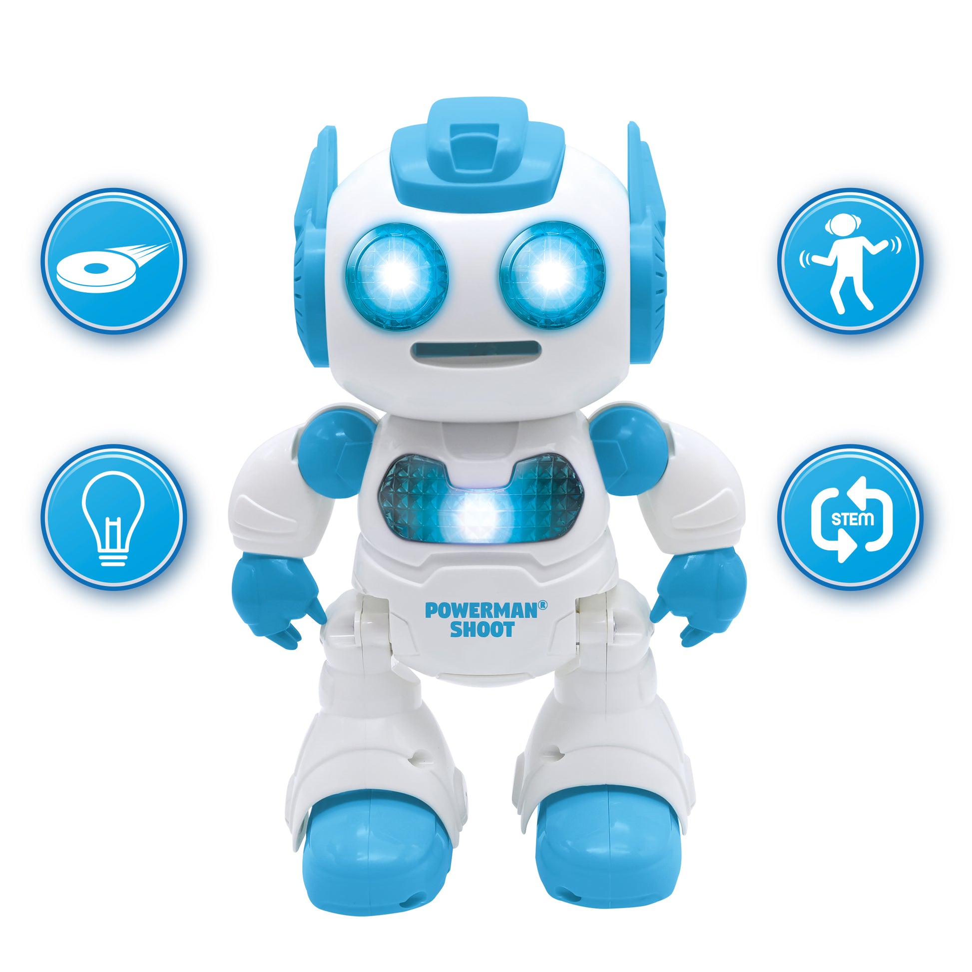 LEXIBOOK Powerman Shoot STEM robot with blue and white design, glowing eyes, remote control