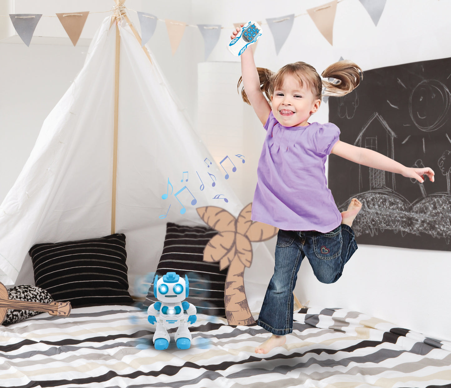 LEXIBOOK Powerman Shoot STEM robot in blue and white with remote control and foam discs
