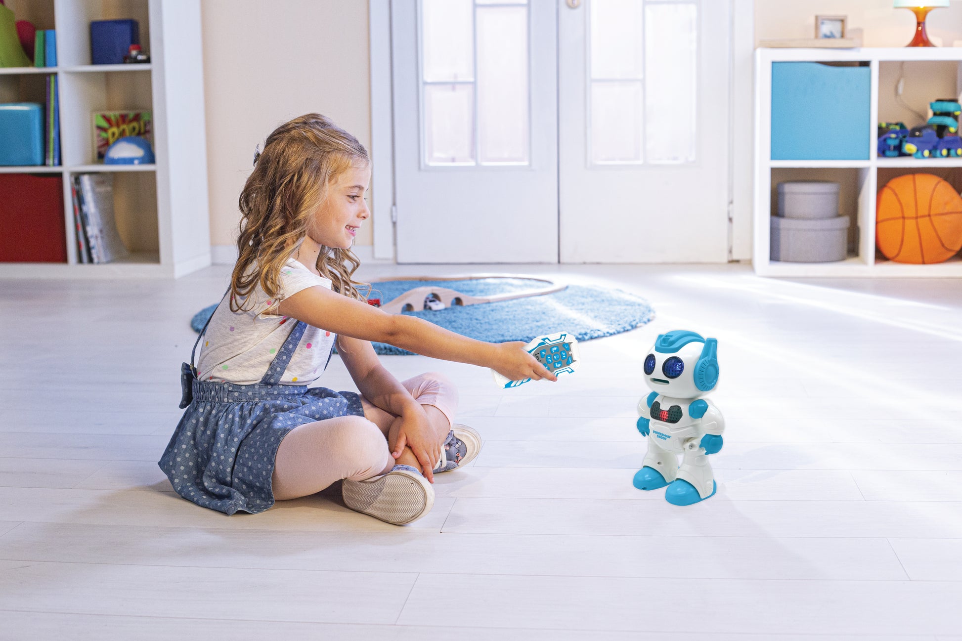LEXIBOOK Powerman Shoot STEM robot in blue and white with remote control and foam discs