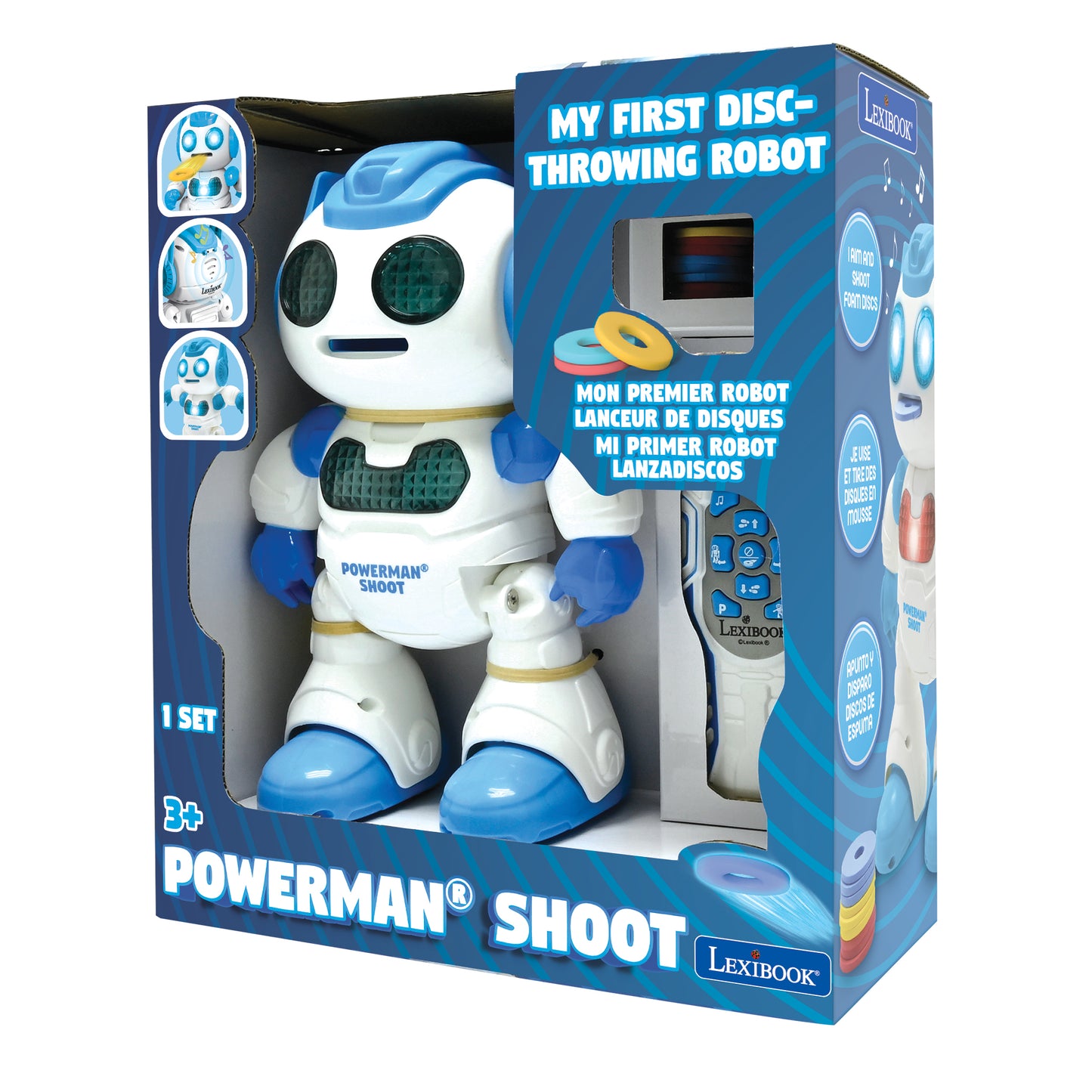 LEXIBOOK Powerman Shoot robot toy in white and blue with remote control and foam discs