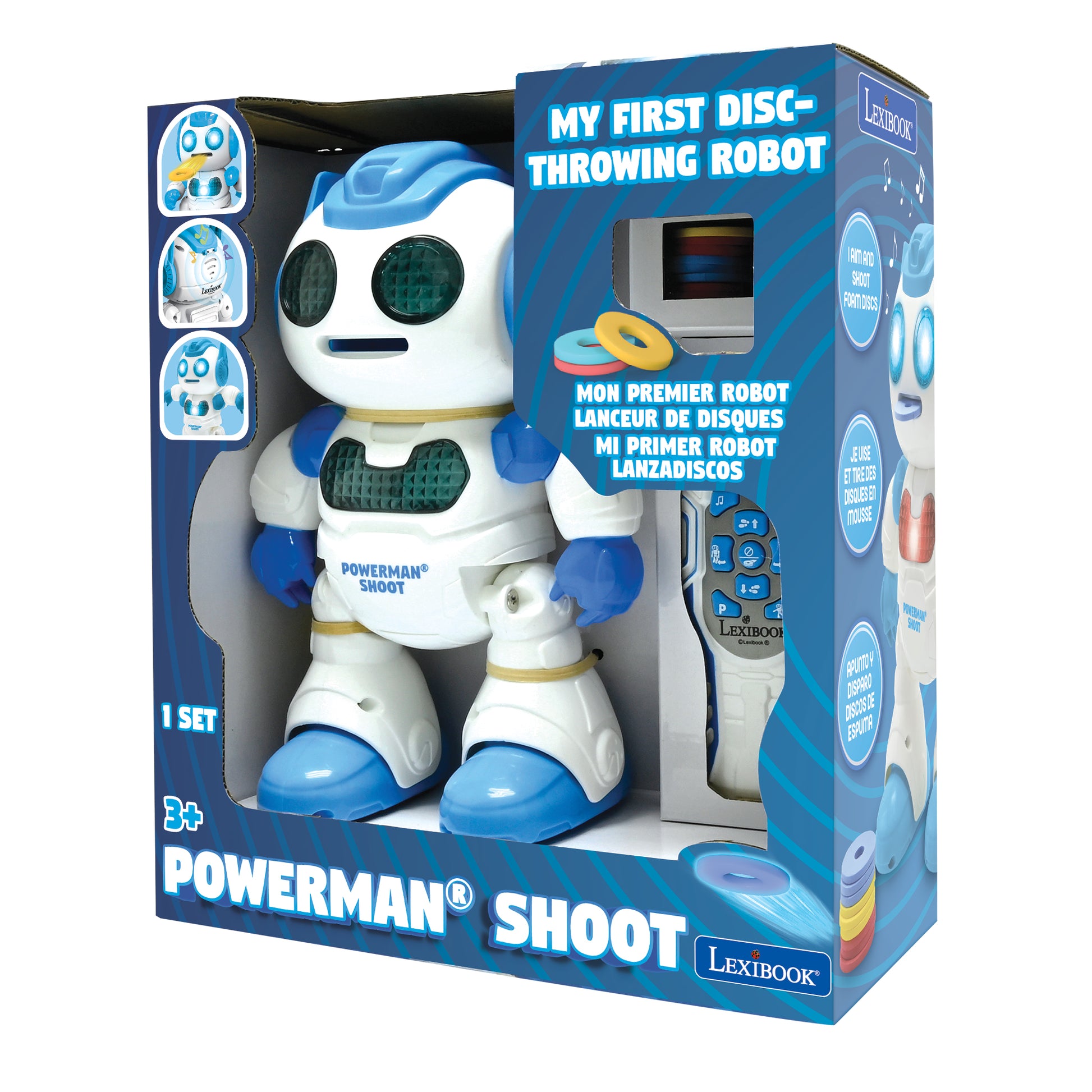 LEXIBOOK Powerman Shoot robot toy in white and blue with remote control and foam discs