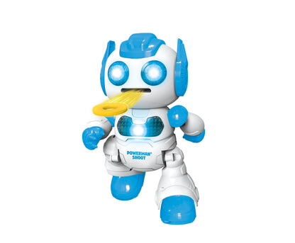 LEXIBOOK Powerman Shoot blue and white robot with LED eyes, yellow foam disc launcher