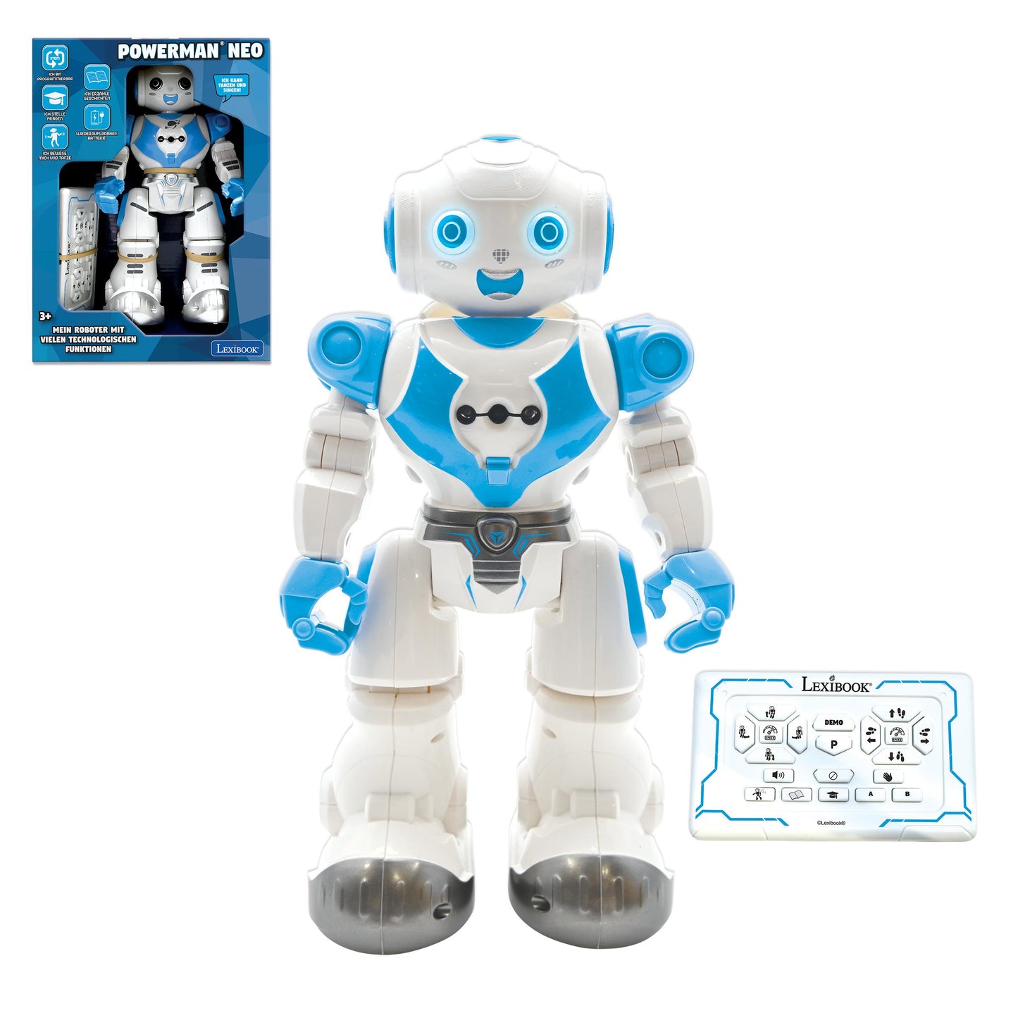 Powerman Neo interactive programmable robot with blue and white body, glowing blue eyes, articulated limbs, and included remote control