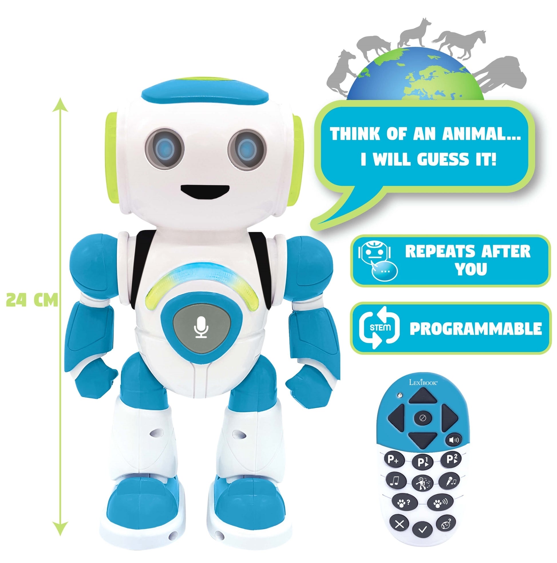 White and blue interactive robot toy, 24 cm tall, with glowing eyes and smile; includes speech bubble saying 'Think of an animal... I will guess it!', control p