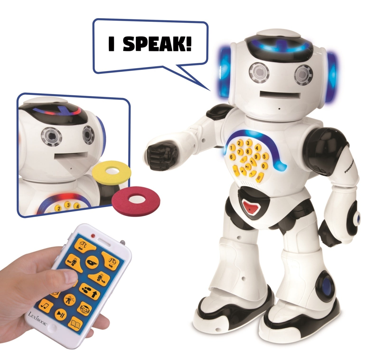 Lexibook POWERMAN bilingual interactive robot with blue and white body, glowing eyes, numbered keypad on chest, shown with remote control and ring toss accessor