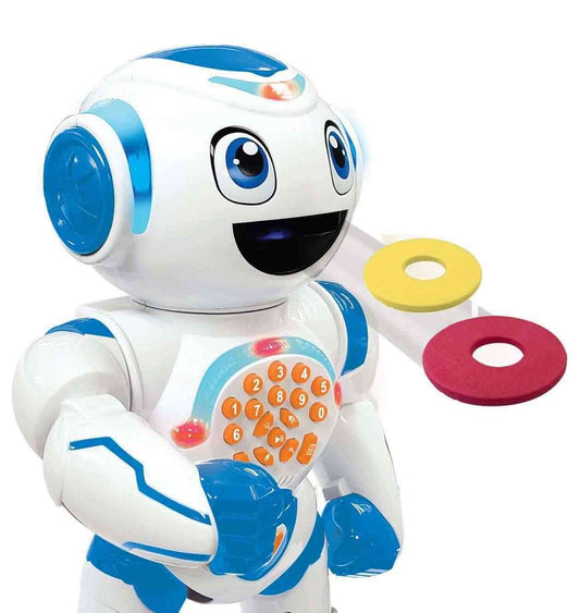 White and blue interactive robot with large blue eyes, smiling expression, numbered button panel on chest, and two colorful foam rings beside it
