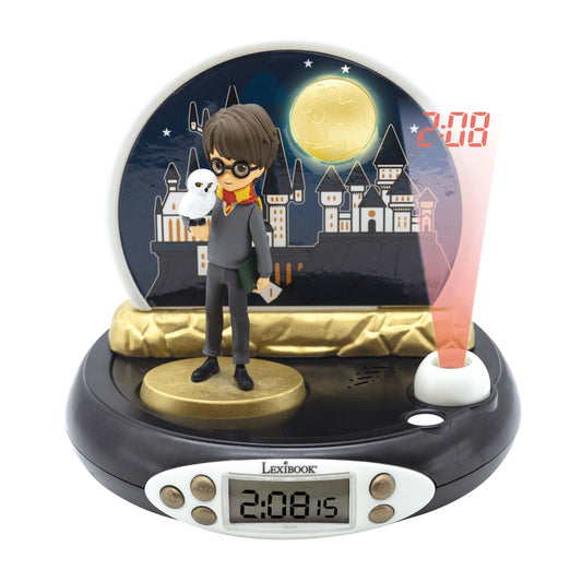 Lexibook Harry Potter 3D projector alarm clock with wizard character figurine holding owl, illuminated castle backdrop, moon, and digital display showing time