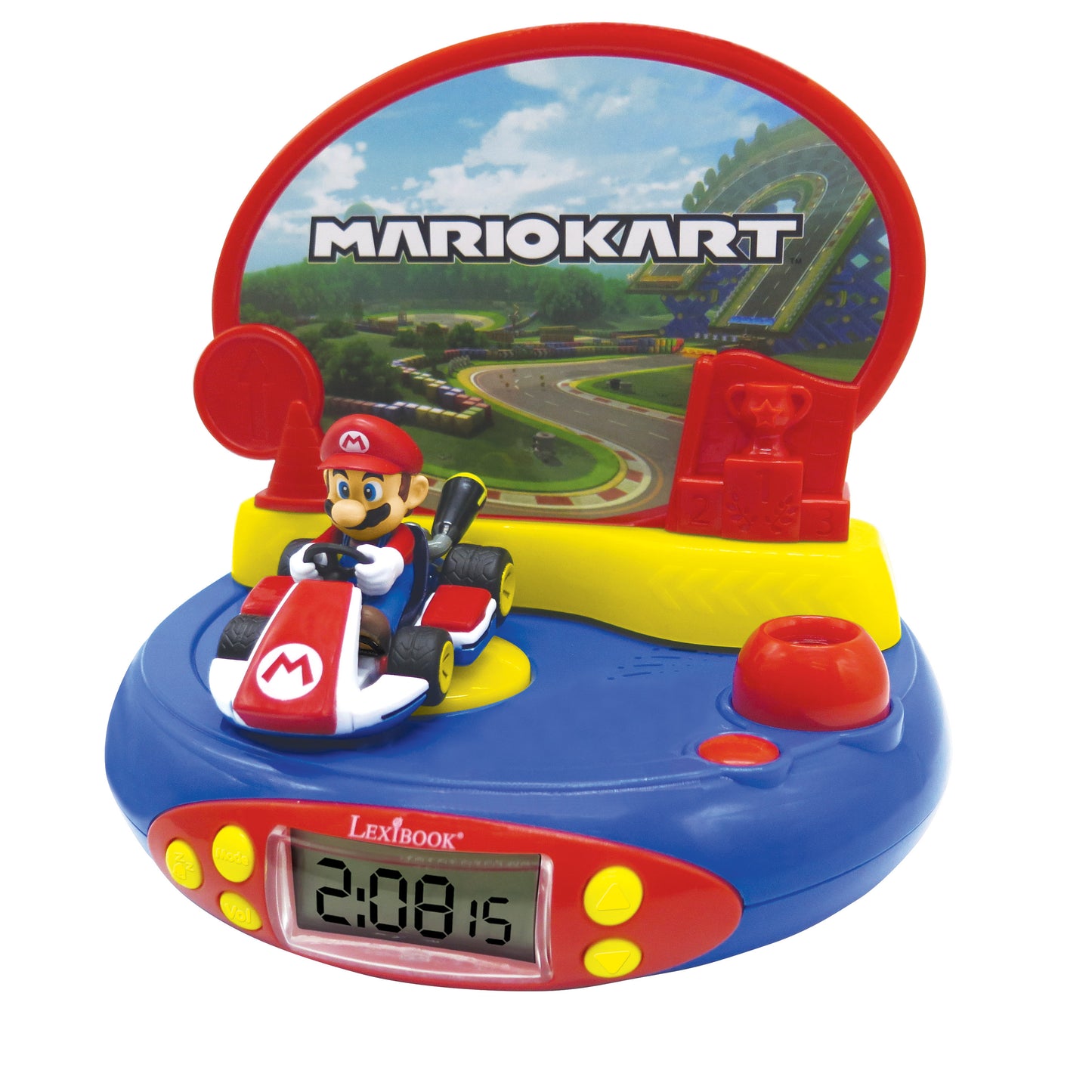 Mario Kart 3D Character Projector Clock by Lexibook with red and blue base, Mario figure in kart, screen displaying time, and Mario Kart race track scene projec