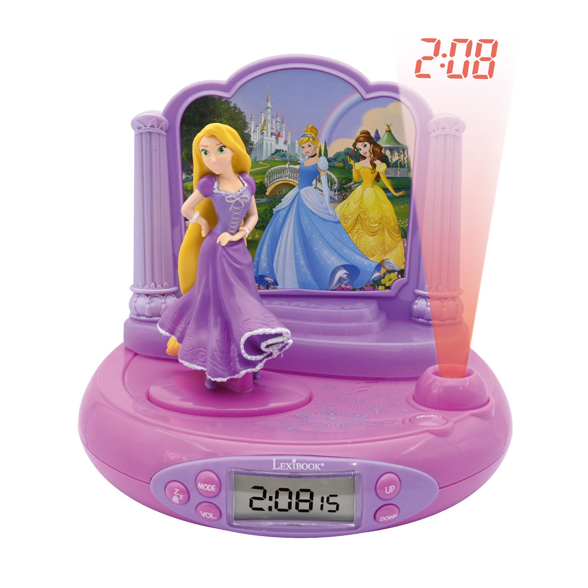 Disney Princess Rapunzel projector clock with purple base, digital display, and 3D Rapunzel figurine in front of castle scene window