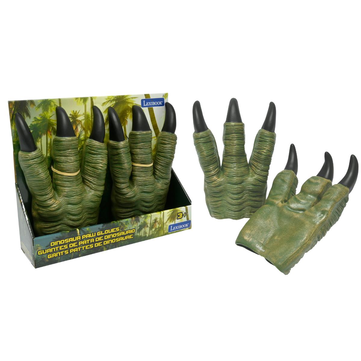 Green and black dinosaur claw gloves with textured palm grip, shown in packaging and individually displayed