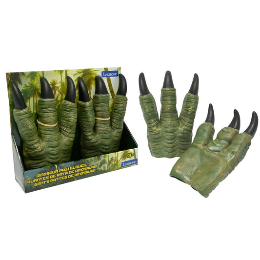 Green and black dinosaur claw gloves with textured palm grip, shown in packaging and individually displayed
