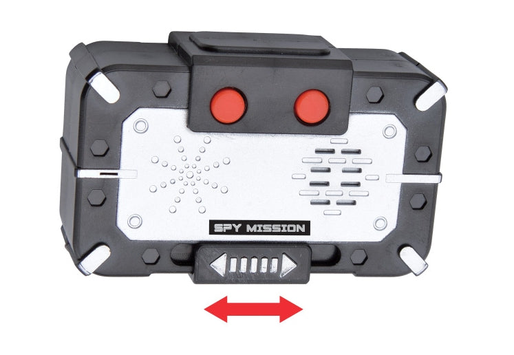 Spy Mission voice disguiser recorder with dual red buttons, black and grey body, control panel, and directional arrow buttons on plain background