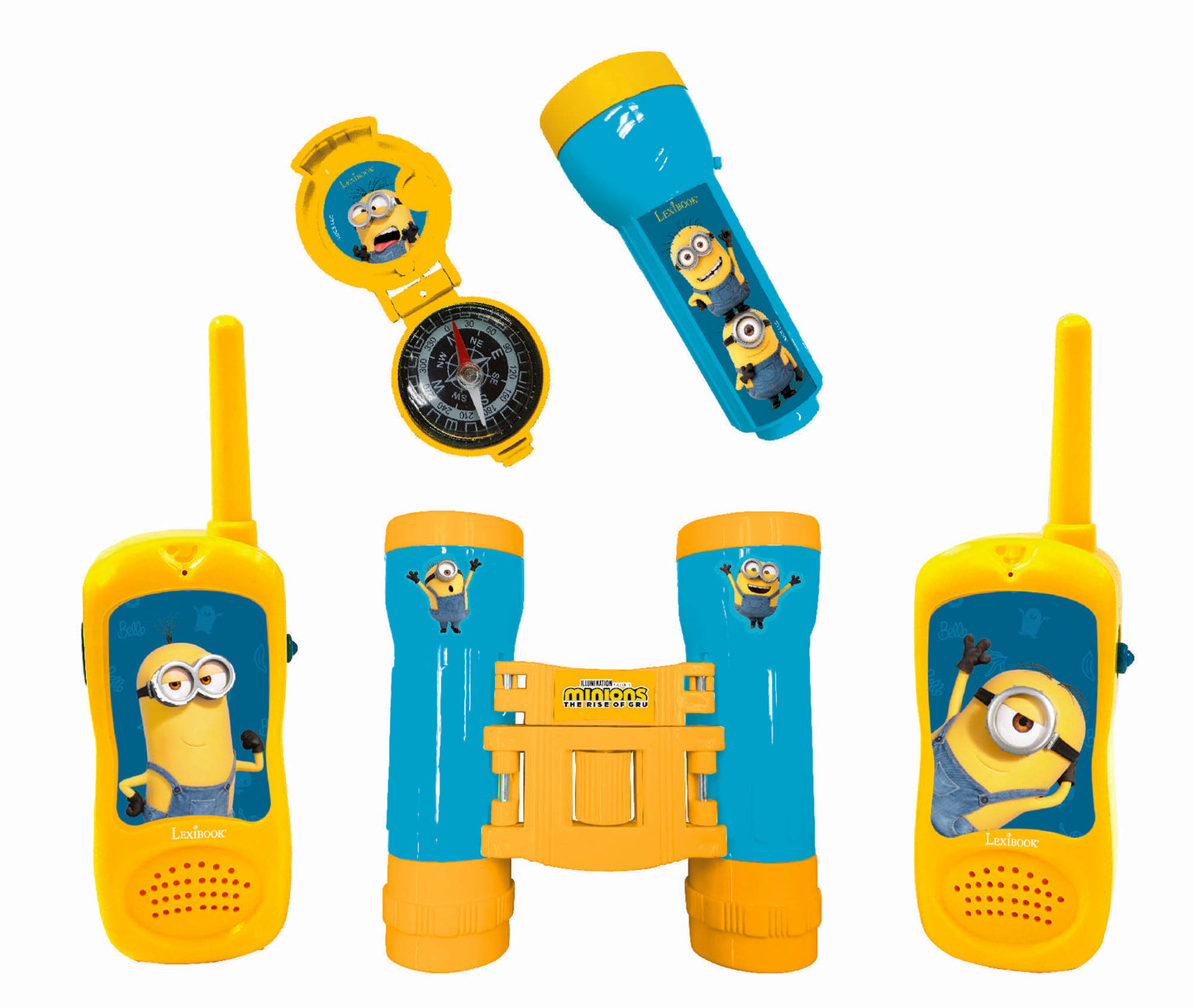 Minion Mania Walkie Talkie Adventure Set with yellow and blue walkie talkies, compass, flashlight, and binoculars featuring Minion characters