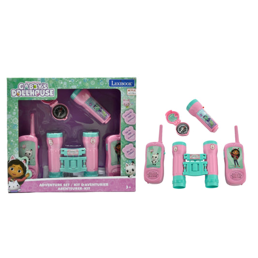 Gabby's Dollhouse Adventure Set by Lexibook featuring pink and turquoise walkie talkies, a castle-shaped control center, compass, and binoculars on plain backgr