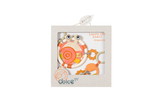 Dolce Laura the Snail activity teether in cream and orange, packaged in branded box with leaf-shaped hang tag, for ages 0+ months