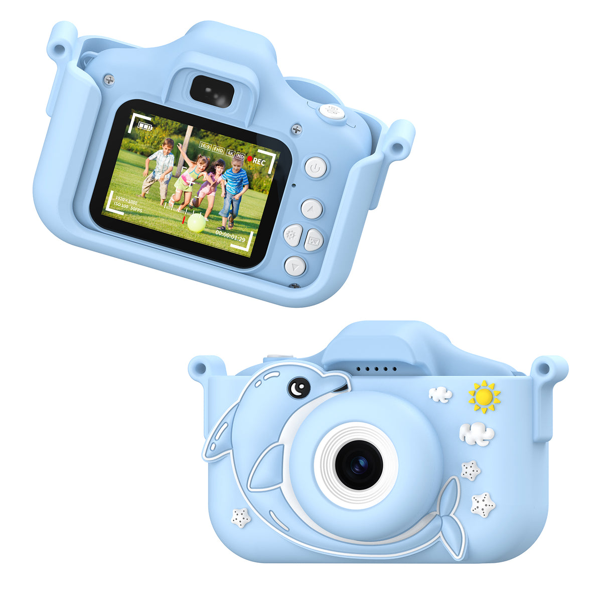 Light blue dolphin-shaped kids digital camera shown front and back views, with screen displaying children playing outdoors and white camera controls on sides