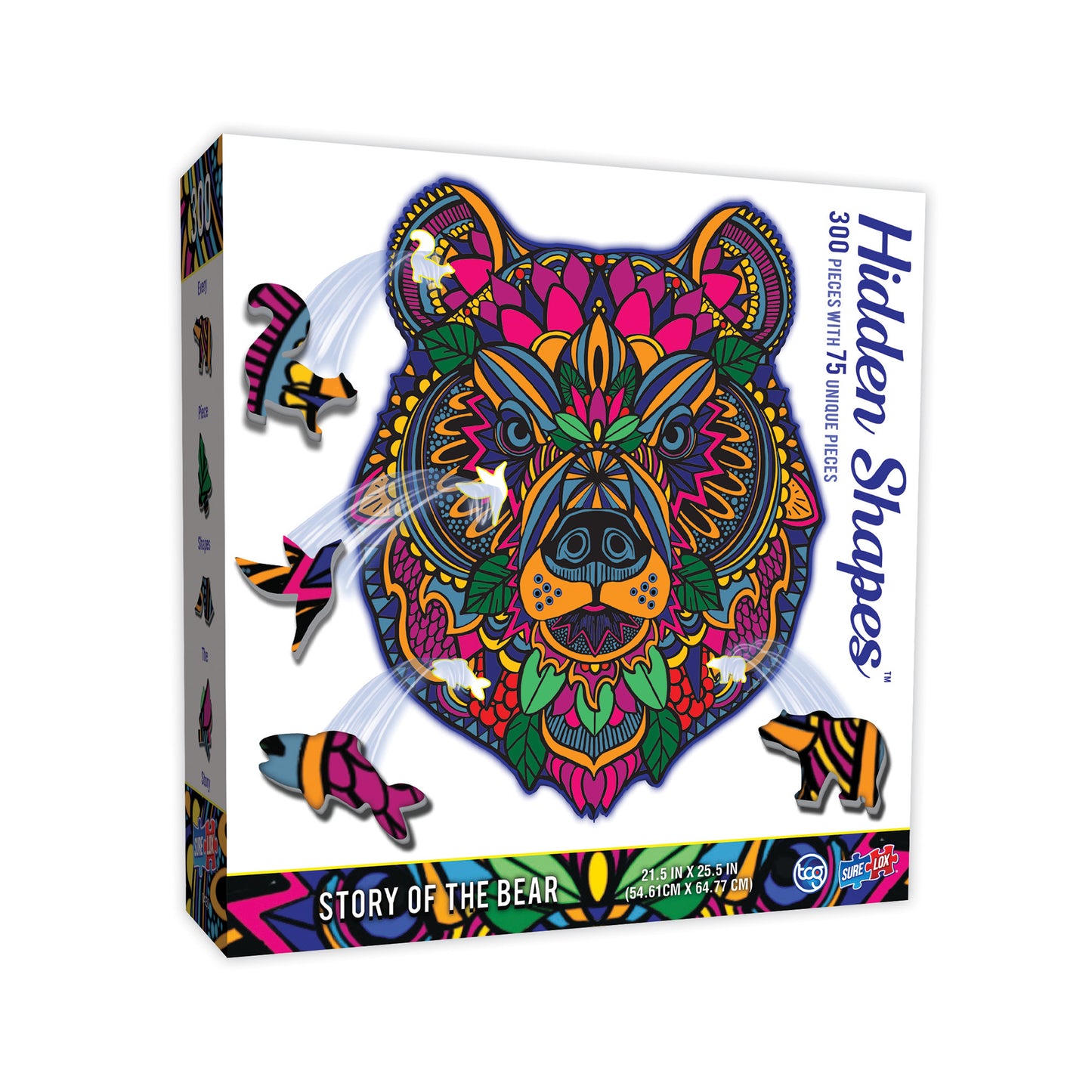 Hidden Shapes 300-piece jigsaw puzzle box featuring a colorful ornamental bear head design with floral and geometric patterns in magenta, orange, yellow, and gr