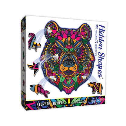 Hidden Shapes 300-piece jigsaw puzzle box featuring a colorful ornamental bear head design with floral and geometric patterns in magenta, orange, yellow, and gr