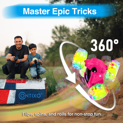Contixo Flip Racer RC car in pink and neon yellow performing 360° flips outdoors