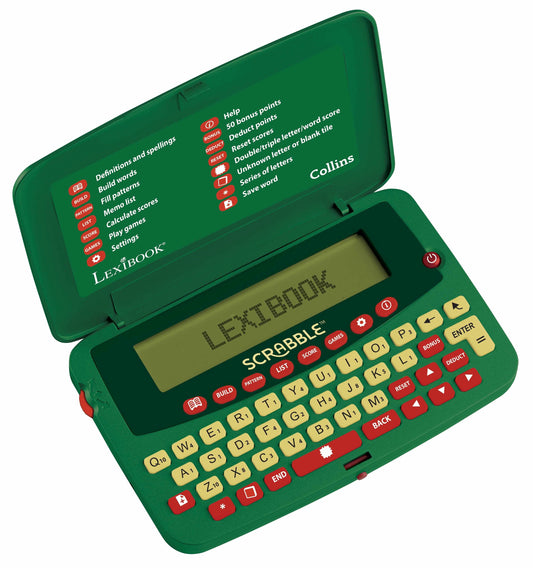 Green handheld Lexibook Scrabble electronic dictionary with LCD screen, letter tiles keyboard, and red function buttons displaying game menu options