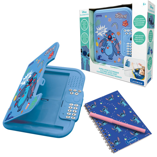 Stitch electronic diary with blue clamshell design, numeric keypad, and matching spiral notebook with pink pen, shown with product packaging