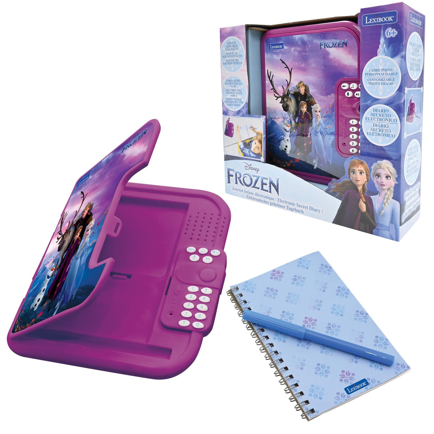 Frozen electronic secret diary in magenta pink with flip-open cover showing Elsa, Anna, and Sven, featuring control buttons and a spiral-bound notebook with sno