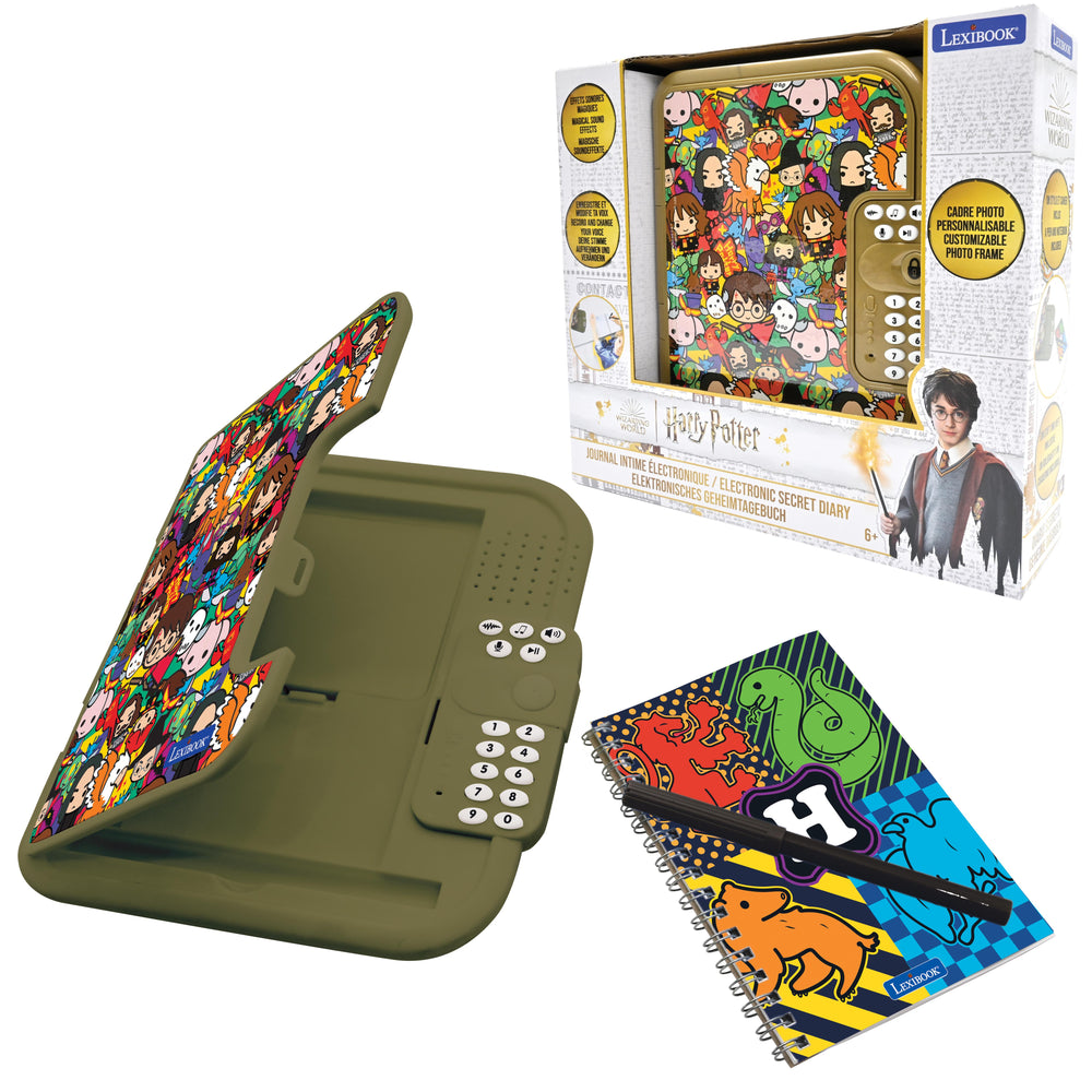 Harry Potter electronic secret diary with colorful character-printed cover, olive-green case with numbered keypad, shown open with matching notebook and pen