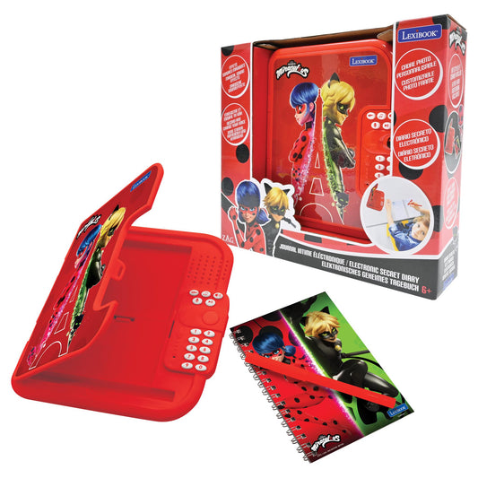 Miraculous electronic secret diary in red with Ladybug and Cat Noir characters, shown open with numeric keypad, closed in packaging, and spiral notebook include