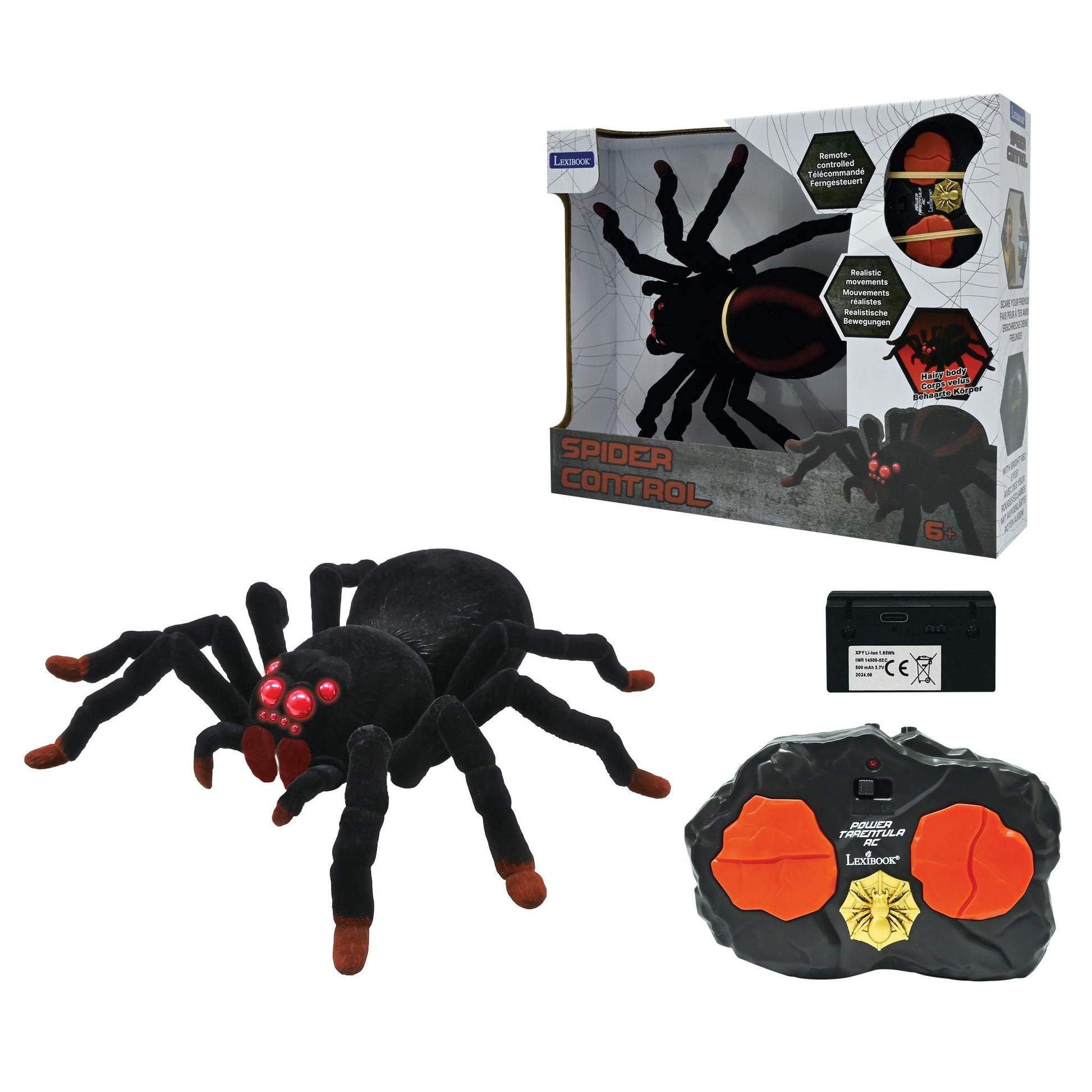 Remote-controlled tarantula spider toy with black body, reddish-brown legs, and glowing red eyes, shown with control pad and packaging box