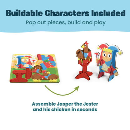 Story Starters Jasper Edition buildable character puzzle with pop-out jester and chicken pieces