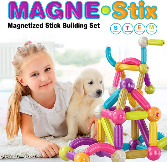 Child modeled by a girl with a golden retriever playing with colorful magnetic sticks and balls building a 3D structure; Magne-Stix Magnetized Stick Building Se