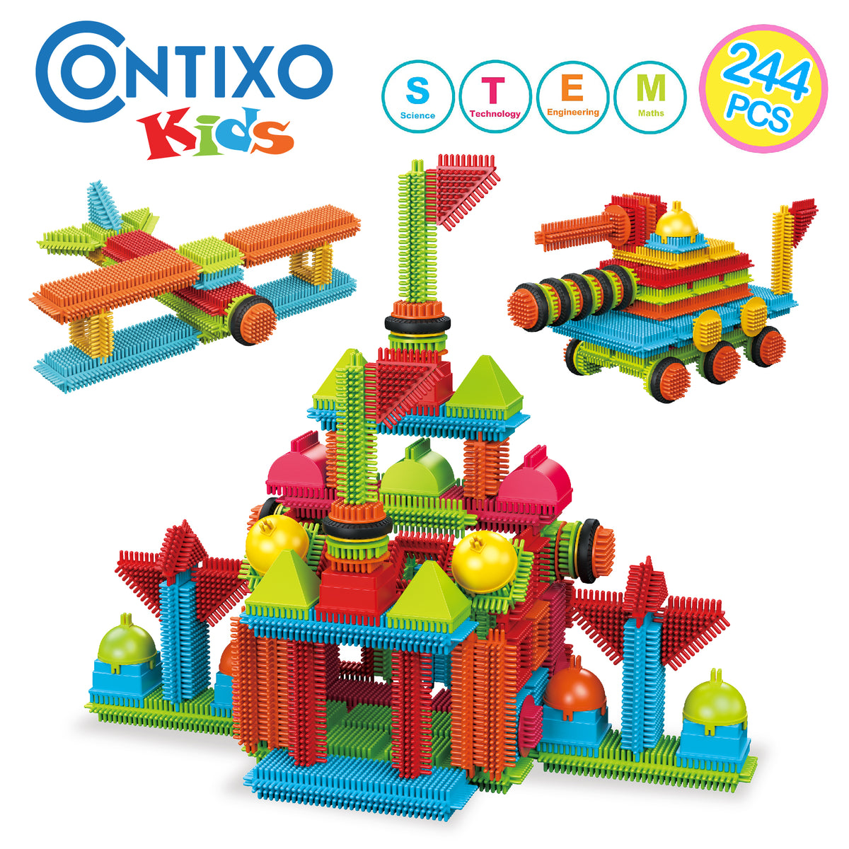 Contixo Kids STEM building set with 244 colorful interlocking bristle tiles in red, orange, yellow, green, blue, and pink, featuring castle structure, vehicles,