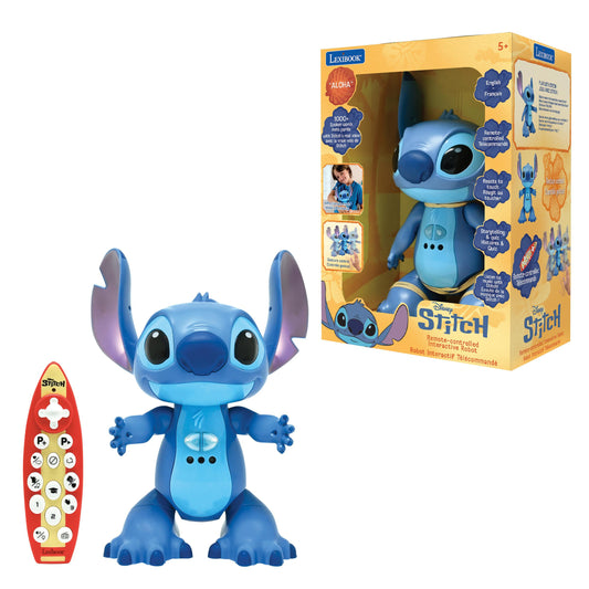 Disney Stitch remote-controlled interactive robot with blue body, large ears, and facial features, shown with red remote control and yellow product packaging