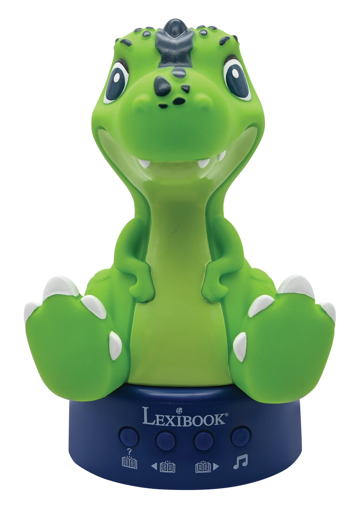 Green dinosaur plush toy with big eyes and white belly feet on dark blue Lexibook base with control buttons and music icon