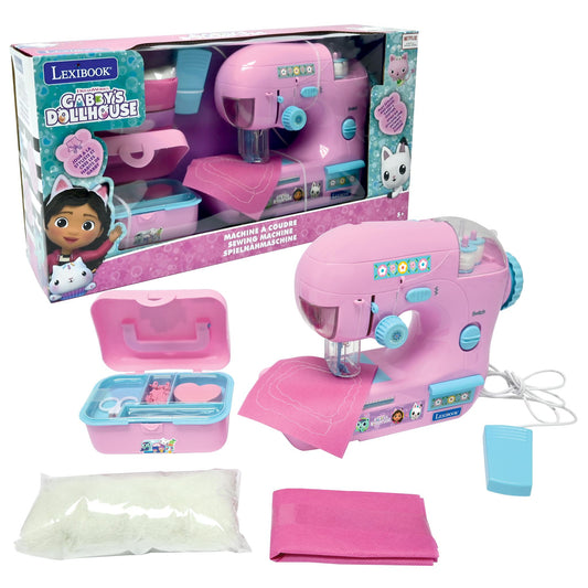 Gabby's Dollhouse Fashionista Sewing Machine Kit by Lexibook with pink sewing machine, storage case, fabric, accessories, and instruction materials displayed wi