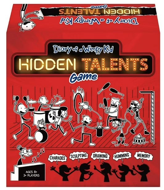 Diary of a Wimpy Kid Hidden Talents Game box featuring illustrated characters in various poses with game activities including charades, sculpting, drawing, humm