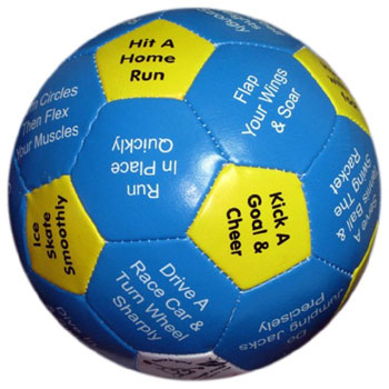 Blue and yellow Thumball exercise ball with printed text prompts like 'Hit a Home Run' and 'Find Your Muscles'