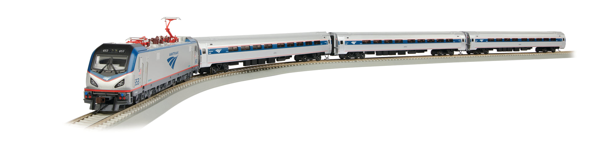 Bachmann Trains Amtrak City Sprinter HO scale electric train set with locomotive and three passenger cars on curved track, displayed against plain background