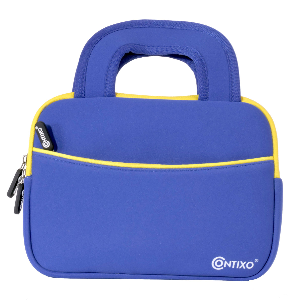 Blue neoprene tablet sleeve with yellow trim and padded handles for 7-inch tablets