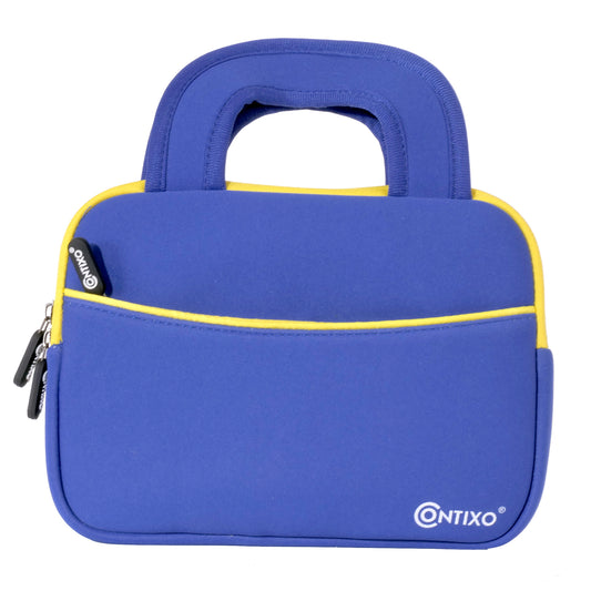 Blue neoprene tablet sleeve with yellow trim and padded handles for 7-inch tablets