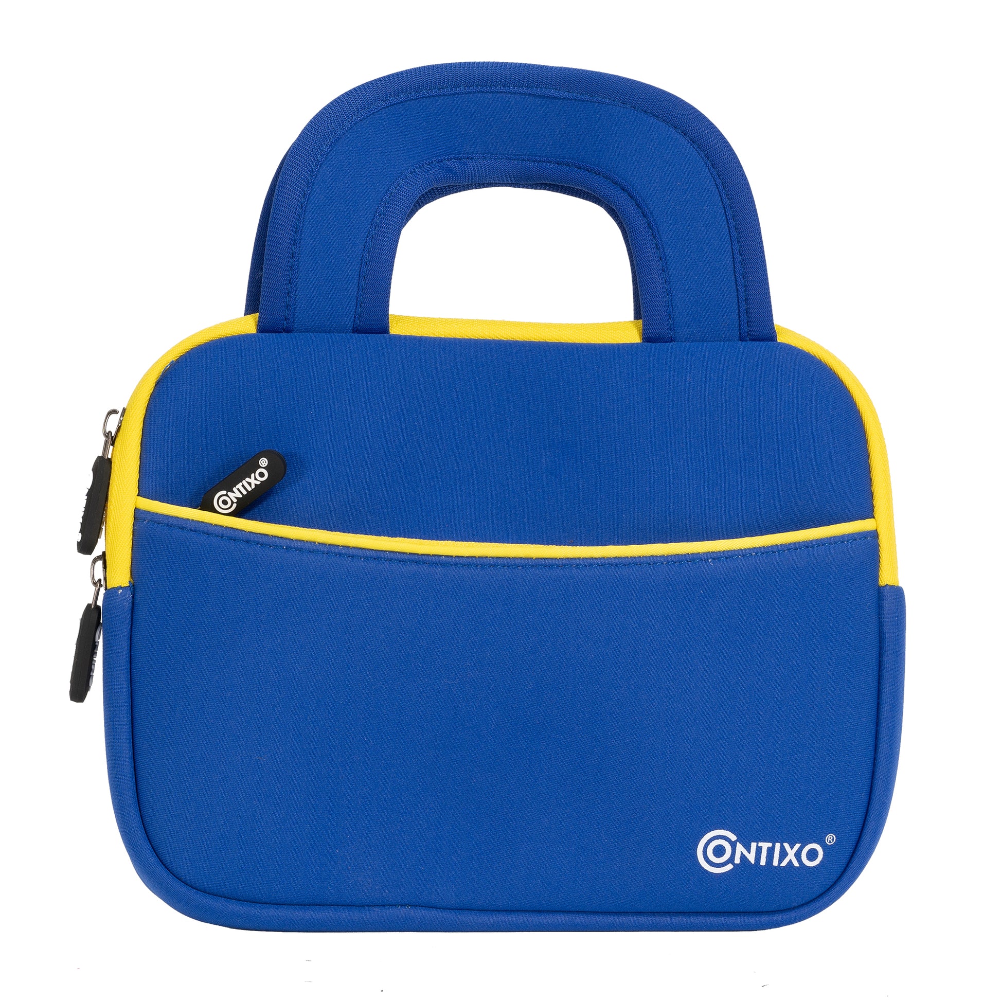 Blue and yellow neoprene tablet sleeve with padded handles and front zip pocket, Contixo branding