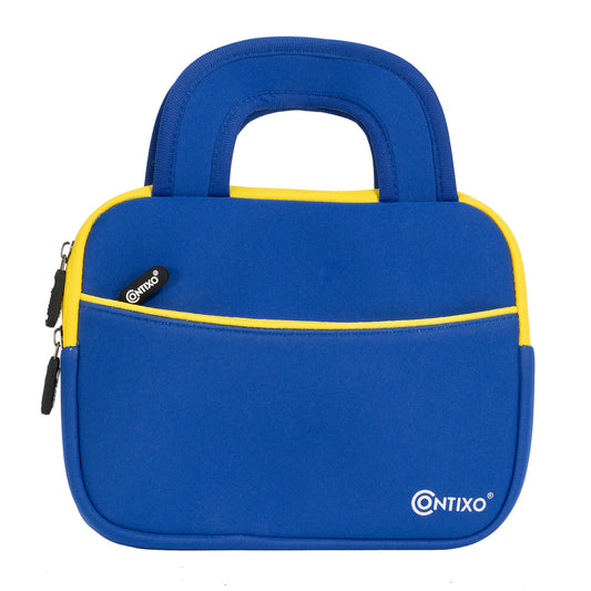 Blue and yellow neoprene tablet sleeve with padded handles and front zip pocket, Contixo branding