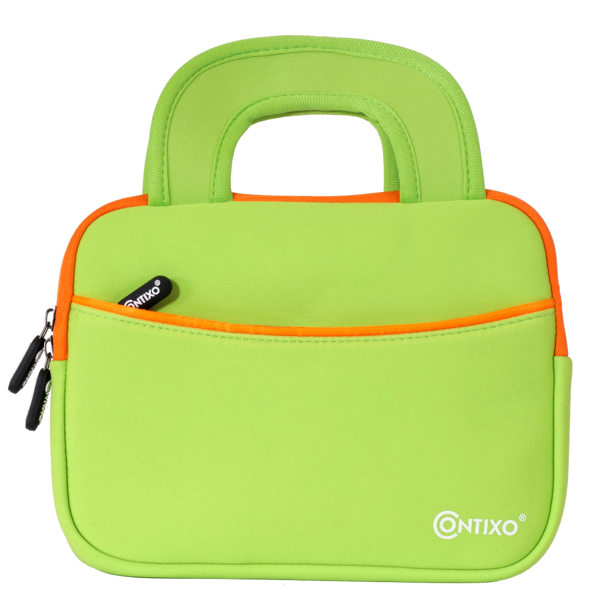 Lime green neoprene tablet sleeve with orange trim, dual handles, and front zippered pocket; Contixo branded