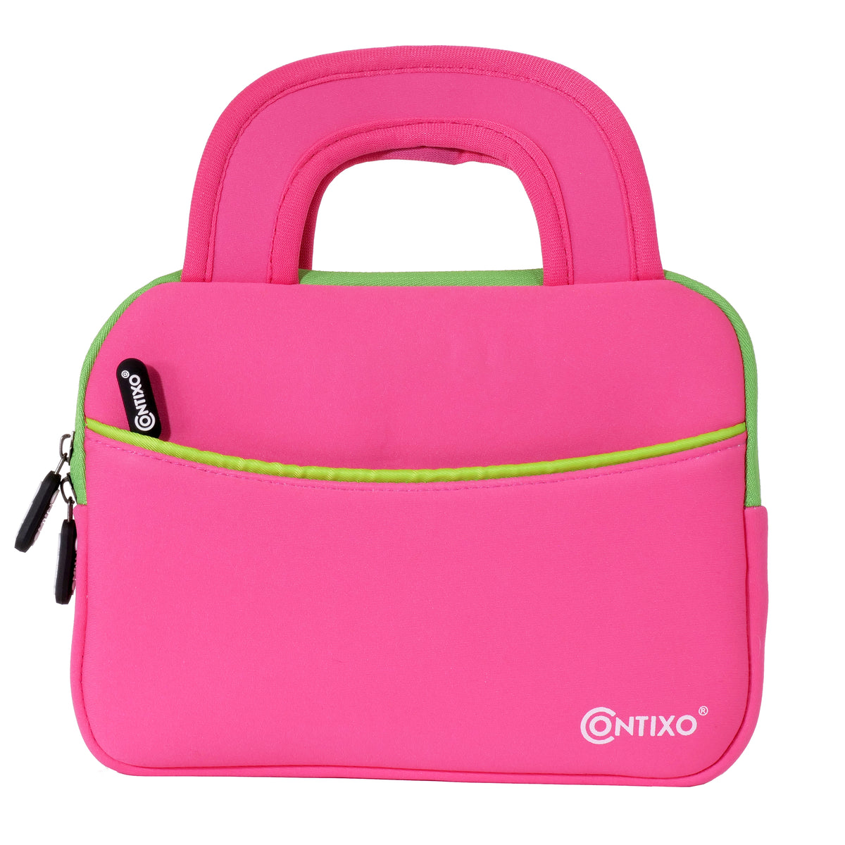 Contixo 7-inch kids tablet sleeve case in hot pink with neon green trim, padded handles, front zipper pocket, and side zippers